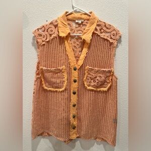 POL Button-Down Crochet Lace Vest Peach Orange
